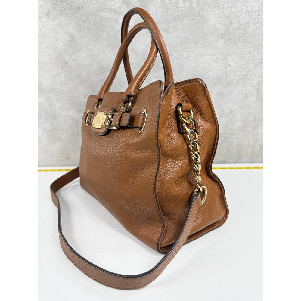 Michael Kors Hamilton Handbag Cognac Brown Pebbled Leather Tote Gold Accents - Picture 3 of 12